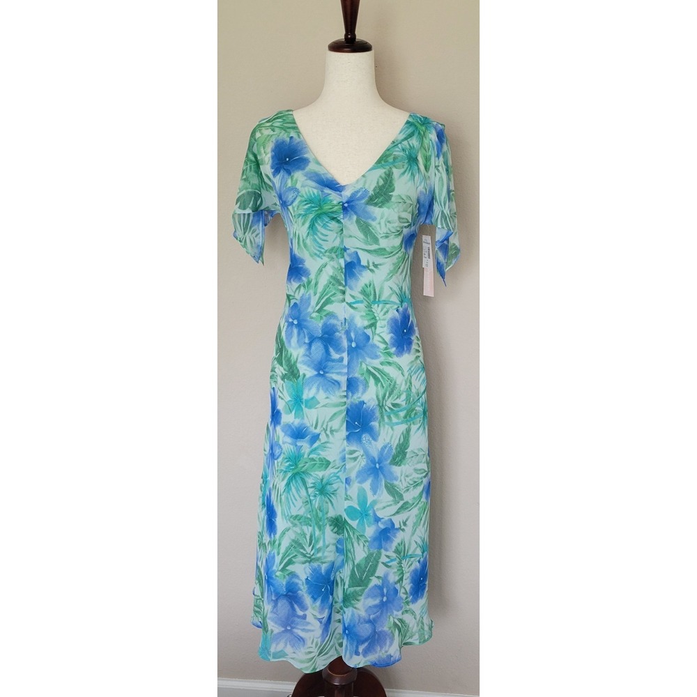 Dress Barn Floral Midi Dress Sz 10 New Blue Green Fairy Flutter Sleeves Y2K New